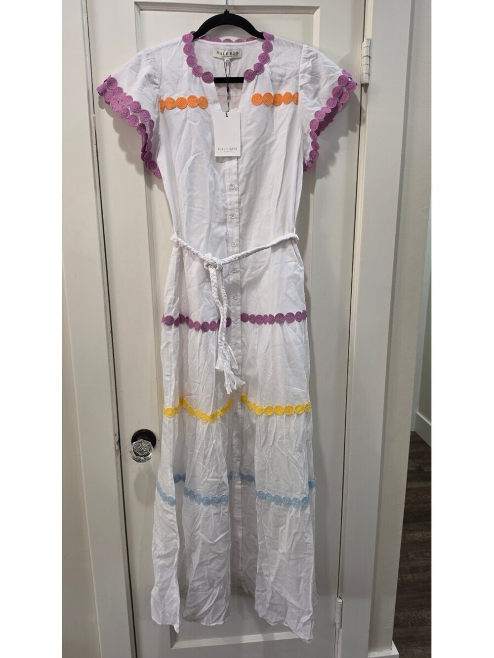 Hale Bob Katelyn Linen Maxi Dress Bohemian Crochet Trim NWT Size XS